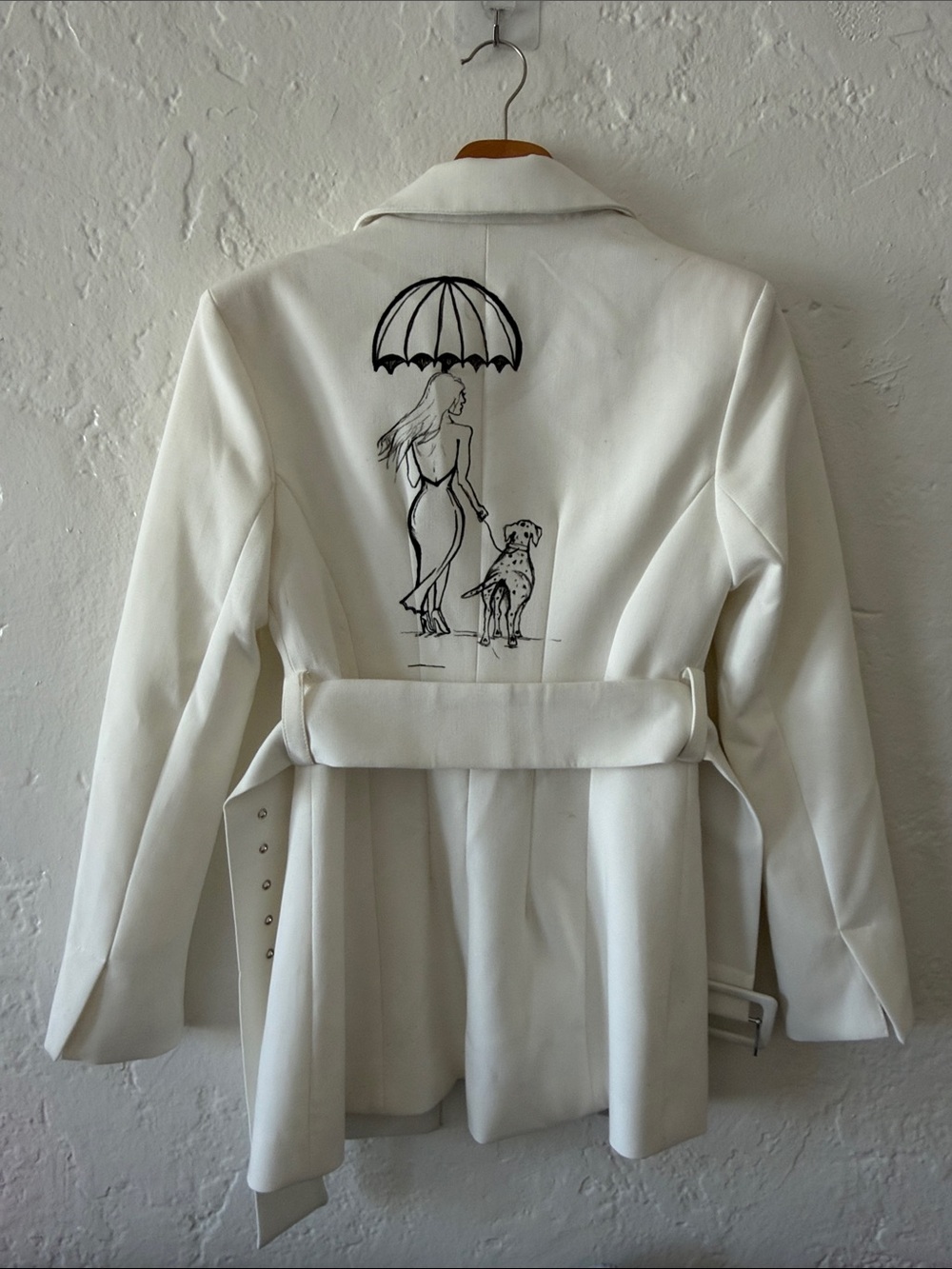 Hand-drawnWomen's Belted White Blazer | illustration woman & dog